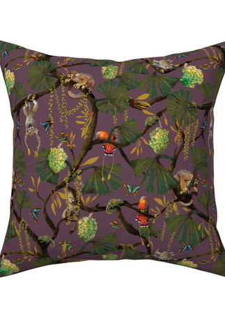 A slightly creased piece of fabric featuring monkeys chameleons butterflies and birds in a dense jungle by lenes_linien.