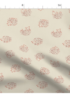 A slightly creased piece of fabric featuring a tossed design of cute, minimalist hedgehogs drawn in loose line-art sketches on uni-colored background by lenes_linien