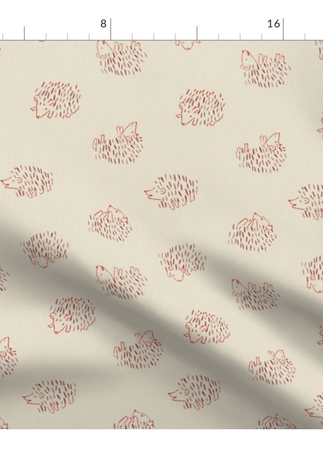 A slightly creased piece of fabric featuring a tossed design of cute, minimalist hedgehogs drawn in loose line-art sketches on uni-colored background by lenes_linien