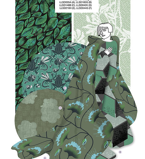 A flat-style fashion drawing featuring a number of lenes_linien designs in shades of green.