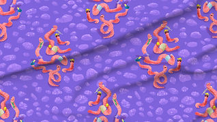 A slightly creased rectangle of fabric showing a lenes_linien design of fun ogee-shaped clusters of characterful earthworms on a unicolored background.