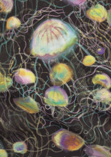 A slightly creased piece of fabric featuring floating ghostly jellyfish dancing in dark black sea.
