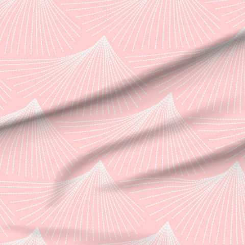 A slightly creased piece of fabric featuring abstract art deco mountaintops with faux sashiko stitches in soft pink and off-white by lenes_linien.