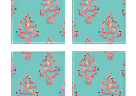 A slightly creased rectangle of fabric showing a lenes_linien design of fun ogee-shaped clusters of characterful earthworms on a unicolored background.
