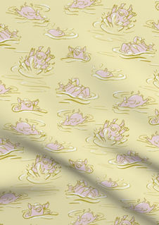 A slightly creased piece of fabric featuring a design of hand-drawn funny pigs splashing about in sea of creamy yellow butter by lenes_linien
