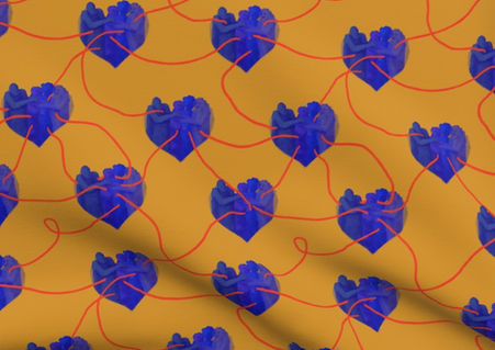 A slightly creased piece of fabric featuring abstract, humanoid shapes on uni color ground, reaching out for each other.