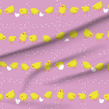 A slightly creased piece of fabric featuring a design of yellow tiny chicklets picking a grid formed of kernels by lenes_linien