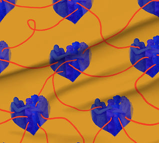 A slightly creased piece of fabric featuring abstract, humanoid shapes on uni color ground, reaching out for each other.