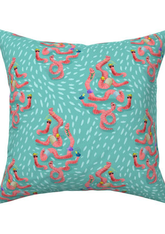 A slightly creased rectangle of fabric showing a lenes_linien design of fun ogee-shaped clusters of characterful earthworms on a dashed background.
