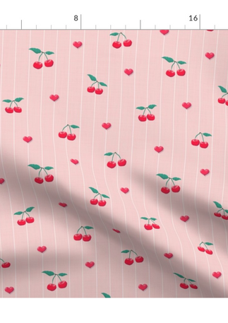 A slightly creased piece of fabric featuring a design of red cherries with green stems, little hearts and vertical stripes on emerald green texture by lenes_linien