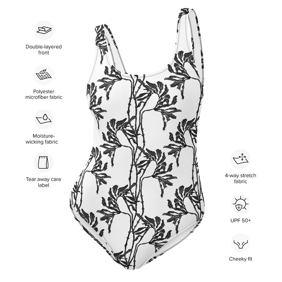 Thumbnail: Black on White Giant Sea Kelp One-Piece Swimsuit by lenes_linien