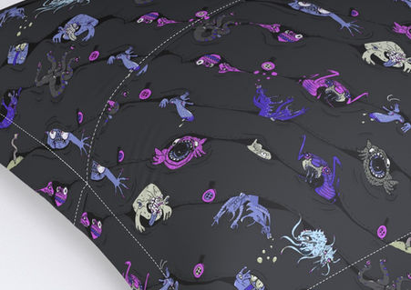 A slightly creased piece of fabric featuring a diagonal novelty design of peeping monsters by lenes_linien