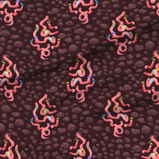 A slightly creased rectangle of fabric showing a lenes_linien design of fun ogee-shaped clusters of characterful earthworms on a unicolored background.