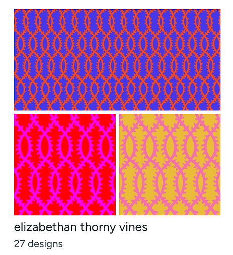 A collection Image showing a grid with 3 of 27 thorny vines designs in pink, yellow, blue and red duotone variants.