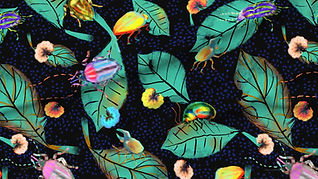 A slightly creased rectangle of fabric showing colorful bugs against deep black background structured by dark blue clustered dots.