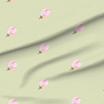 A slightly creased piece of fabric featuring a design of regularly spaced single magnolia flowers on faux-linen texture by lenes_linien