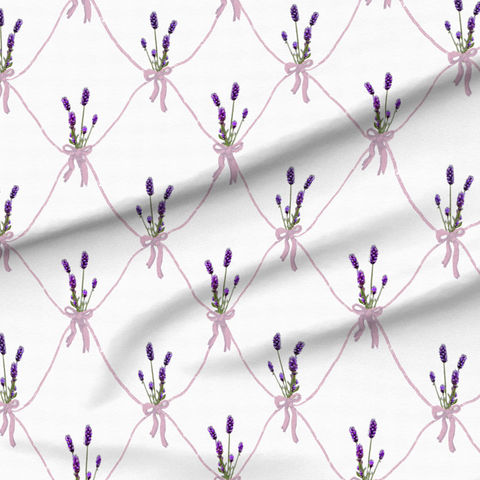 A slightly creased piece of fabric featuring a lavender bouquet design with preppy bows by lenes_linien.