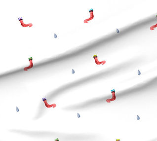 A slightly creased piece of fabric featuring cartoon worms with hats and sunglasses by lenes_linien.