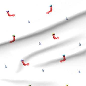 A slightly creased piece of fabric featuring cartoon worms with hats and sunglasses by lenes_linien.