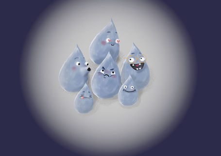A hero illustration of a fun group of pastel muted blue raindrop characters huddling together on light gray ground.