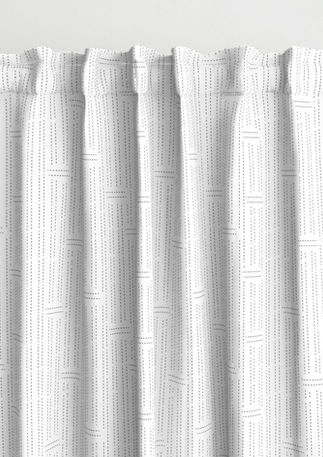 A slightly creased piece of fabric featuring irregular dashed lines and stoppers forming stitched pin stripes in black and white by lenes_linien.