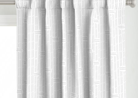 A slightly creased piece of fabric featuring irregular dashed lines and stoppers forming stitched pin stripes in black and white by lenes_linien.