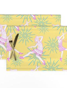 A slightly creased piece of fabric featuring a hand-drawn pattern design of elegant dancing ladies in 20s attire and sunbursts on uni color ground by lenes_linien.
