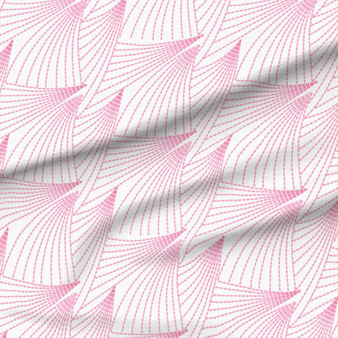 A slightly creased piece of fabric featuring fanned thorn-like geometric structures in blush pink on white by lenes_linien.