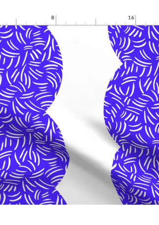 A slightly creased piece of fabric featuring a design of tight undulating wavy columns textured with squiggles in blue and white by lenes_linien