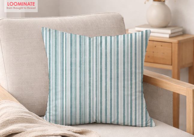 A slightly creased piece of fabric featuring hand-painted vertical stripes in shades of aqua, teal, and white by lenes_linien.