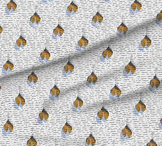 A slightly creased piece of fabric featuring falling fan-shaped ginkgo leaves with blue shadows on a textured white-gray background by lenes_linien.