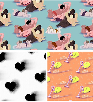A collage of three vibrantly colored designs from the collection showing people, hearts and hoovers. 