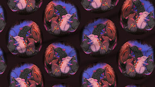 A slightly creased piece of fabric featuring lit burrow holes with rats cuddling together against dark ground.