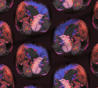 A slightly creased piece of fabric featuring lit burrow holes with rats cuddling together against dark ground.