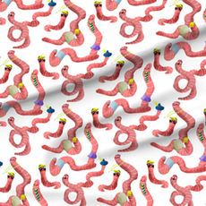 A slightly creased rectangle of fabric showing a lenes_linien design of fun ogee-shaped clusters of characterful earthworms on a unicolored background.