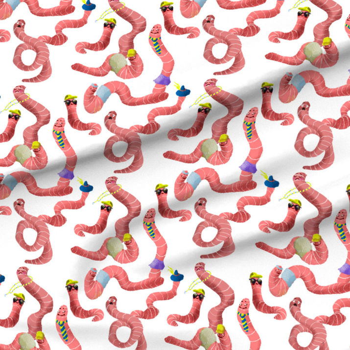 A slightly creased rectangle of fabric showing a lenes_linien design of fun ogee-shaped clusters of characterful earthworms on a unicolored background.