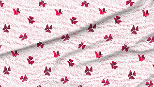 A slightly creased piece of fabric featuring vibrant fuchsia and berry red oxalis clover leaves on a white background with dashed pink lines by lenes_linien.