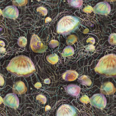 A slightly creased piece of fabric featuring floating ghostly jellyfish dancing in dark black sea.