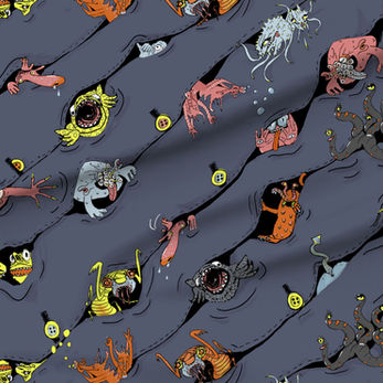 A slightly creased piece of fabric featuring a diagonal novelty design of peeping monsters by lenes_linien