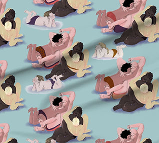 A slightly creased rectangle of fabric showing diverse people lounging and hugging each other.