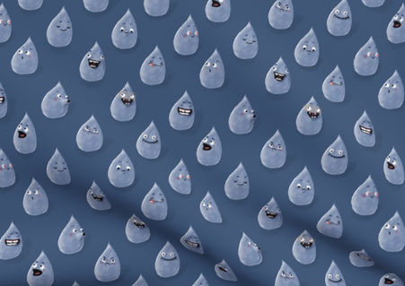 A slightly creased piece of fabric showing a gender-neutral design of raindrop characters with funny faces in light blue on dark blue.