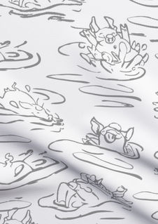 A slightly creased piece of fabric featuring a design of hand-drawn funny pigs splashing about by lenes_linien