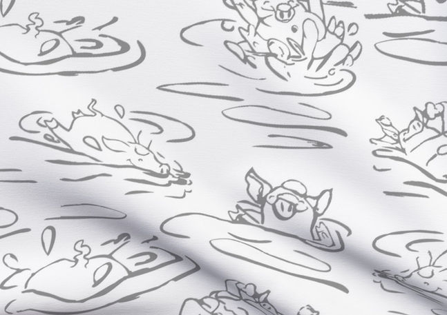 A slightly creased piece of fabric featuring a design of hand-drawn funny pigs splashing about by lenes_linien