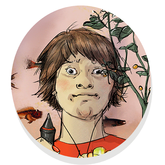 A hand-drawn quirky self-portrait of Lene Kieberl as an animated gif, looking from side to side in a curious manner.