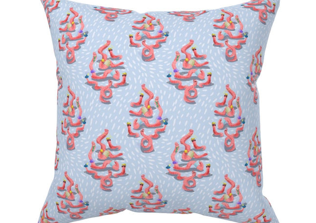 A slightly creased rectangle of fabric showing a lenes_linien design of fun ogee-shaped clusters of characterful earthworms on a dashed background.