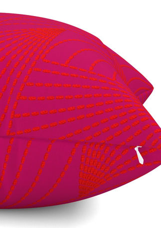 A slightly creased piece of fabric featuring geometric fanned thorn structures in red-orange on fuchsia by lenes_linien.