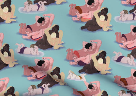 A slightly creased rectangle of fabric showing diverse people lounging and hugging each other.