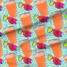 A slightly creased piece of fabric showing a pop-art design with vibrant colors of sunglasses and summer drinks.