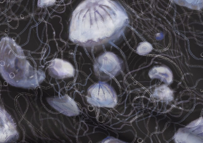 A slightly creased piece of fabric featuring floating ghostly jellyfish dancing in dark black sea.