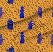 A slightly creased piece of fabric featuring abstract, humanoid shapes on uni color ground, reaching out for each other.